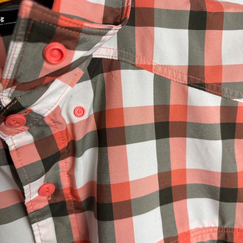 Under Armour Mens L Plaid Button Up Shirt Orange Gray HeatGear Vent Short Sleeve - Picture 10 of 13